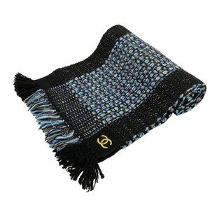 Chanel Scarf Black Light Blue Multi Wool Cashmere
